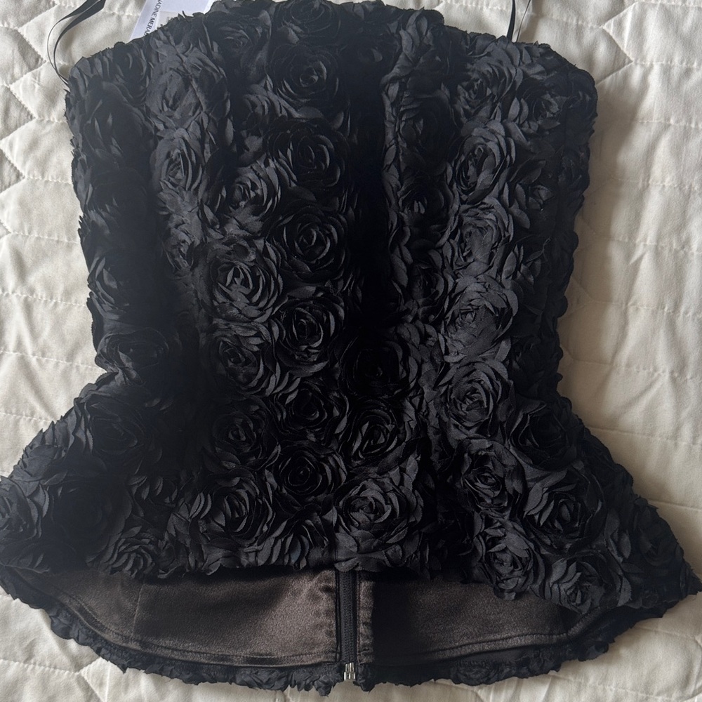 NADINE MERABI Black Rose Appliqué Corset Top - Picture 3 of 8